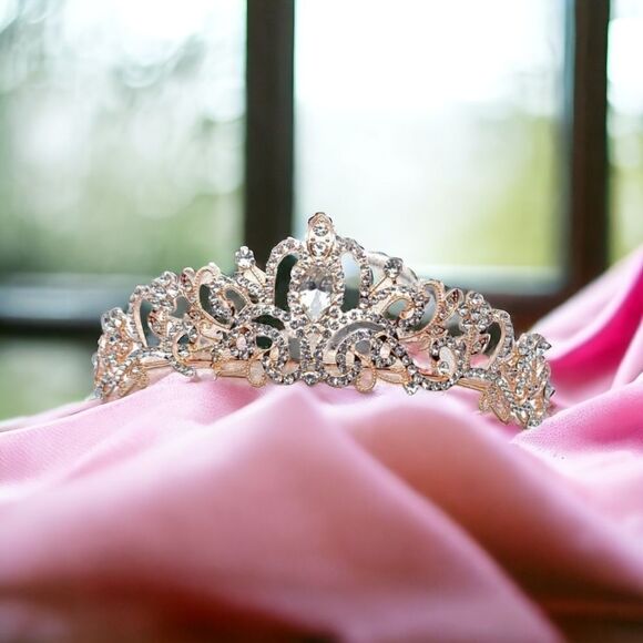 Rose Gold Tiara Bridal Pageant Crown Shiny Rhinestone Princess Birthday - Picture 8 of 12